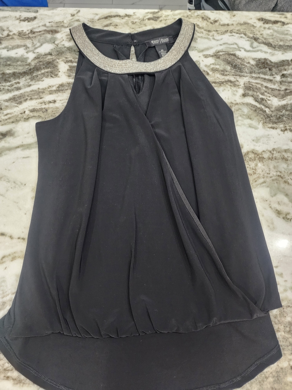 White House Black Market Black Sleeveless Blouse with Embellished Collar